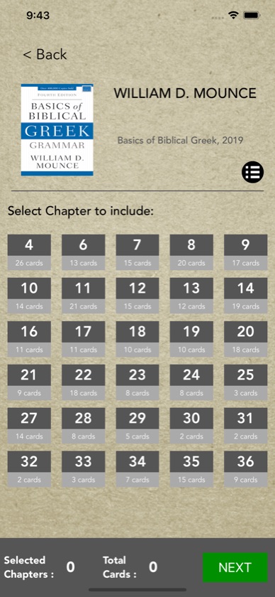 FlashGreek chapter grid for Mounce's Basics of Biblical Greek, showing the card count for each chapter