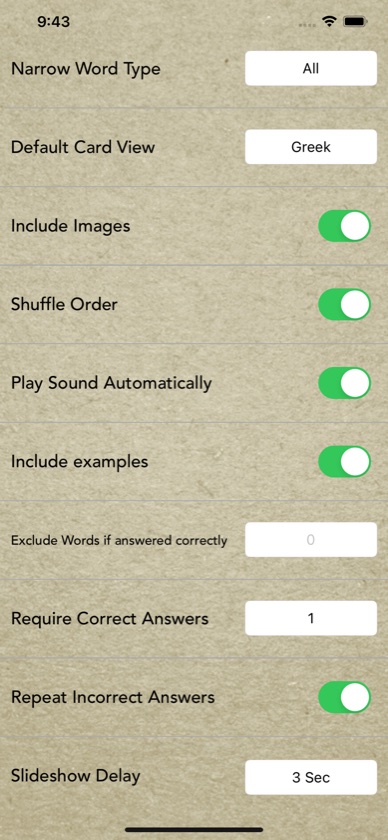 FlashGreek quiz settings, including word type, card direction, images, sound and examples