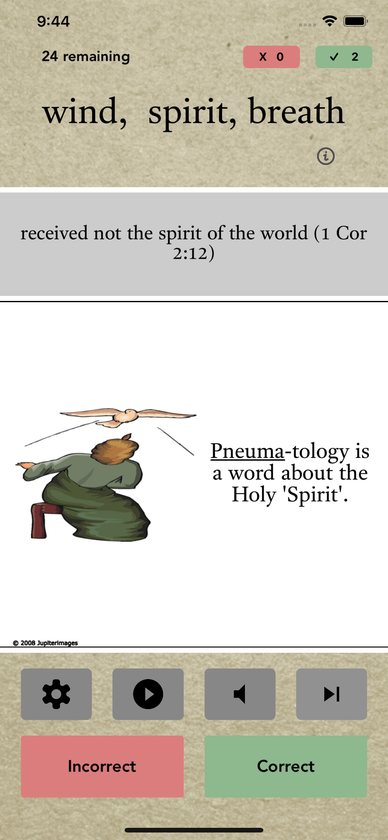Card back reading wind, spirit, breath, with the Incorrect and Correct buttons
