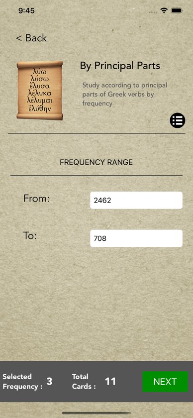 Principal parts drill set to a frequency range, with the card total shown