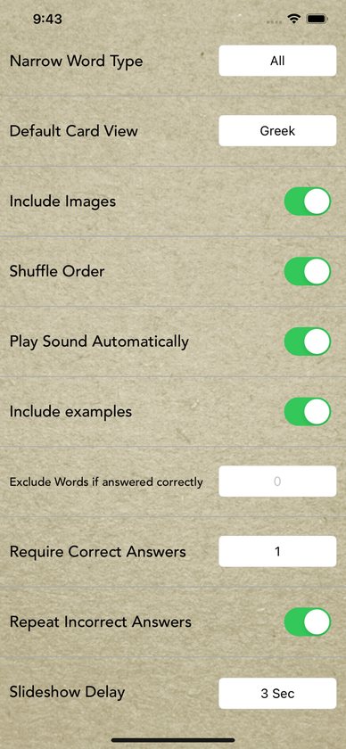 Quiz settings: word type, card view, images, shuffle, sound, examples and slideshow delay