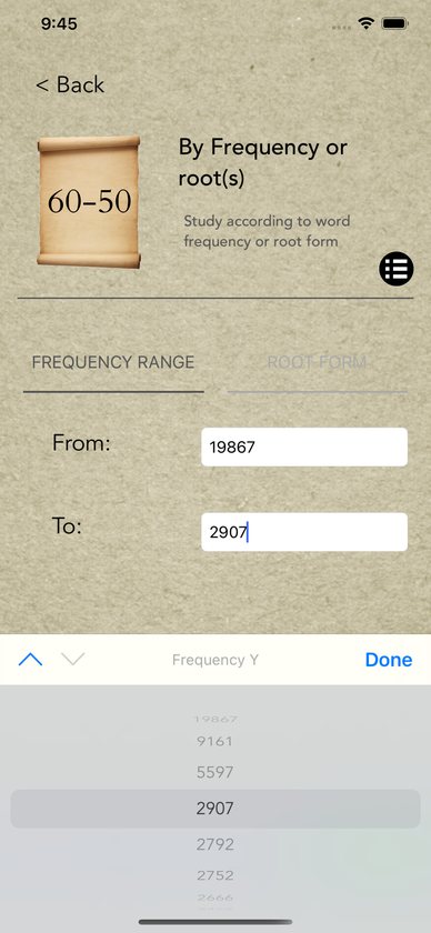 Frequency range dials set from 19,867 down to 2,907 occurrences