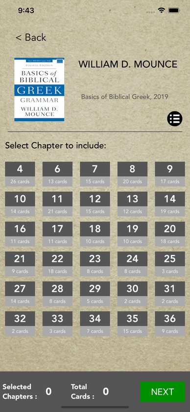 Mounce chapter grid with card counts for each chapter, ready to select