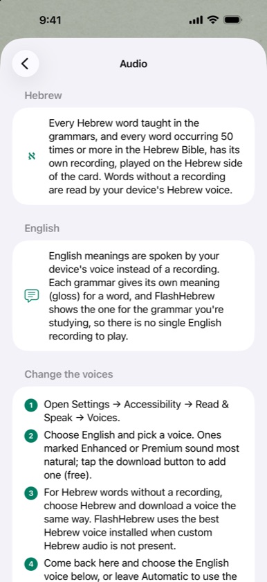 Audio page explaining the Hebrew recordings, English voices and the steps to download better voices