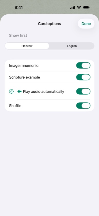 Card options with Show first set to Hebrew and image mnemonic, scripture example, play audio automatically and shuffle on
