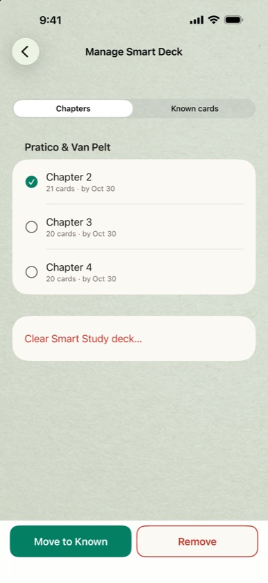 Manage Smart Deck with Pratico & Van Pelt chapter 2 selected and the Move to Known and Remove buttons