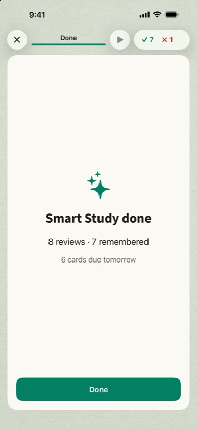Smart Study done: 8 reviews, 7 remembered, 6 cards due tomorrow