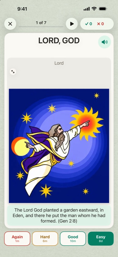 Back of the Smart Study card for יהוה, LORD, GOD, with Again 1m, Hard 6m, Good 10m and Easy 8d