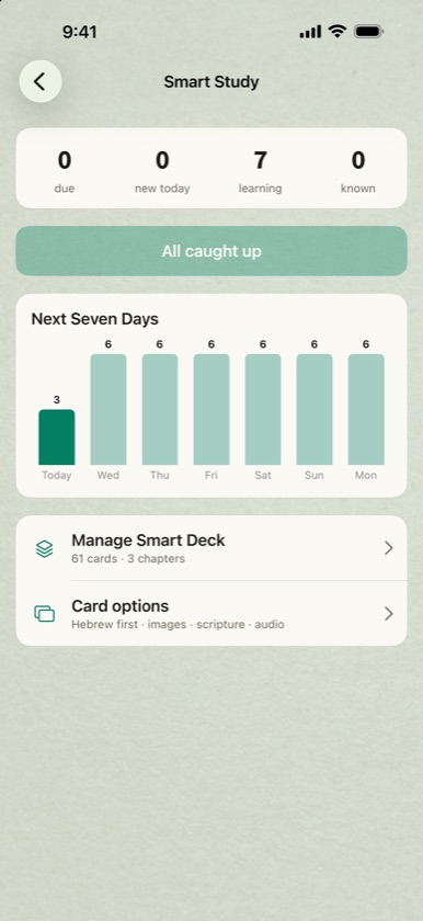 Smart Study page with 7 cards learning, the Next Seven Days chart, Manage Smart Deck and Card options