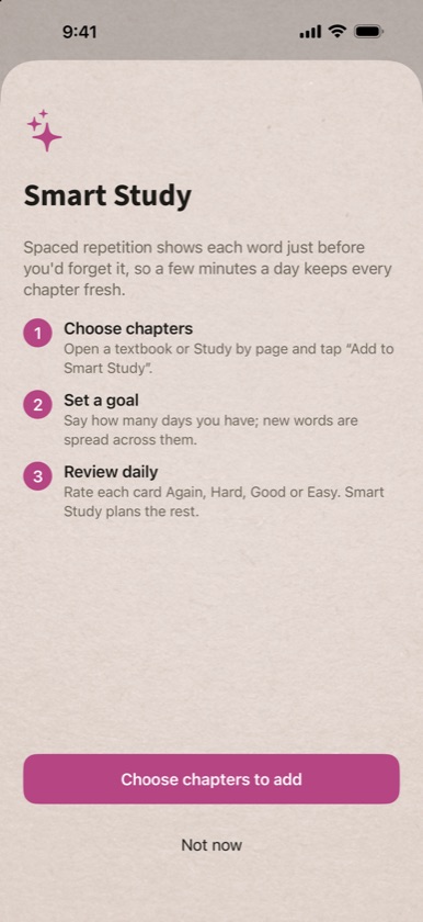 Smart Study welcome screen with the steps Choose chapters, Set a goal and Review daily