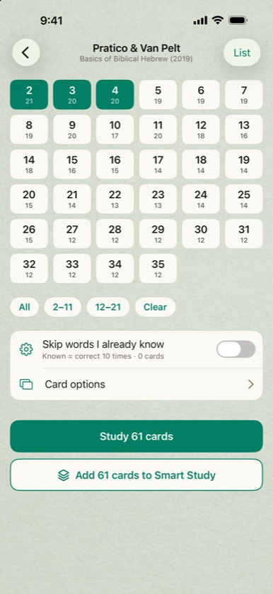 Pratico & Van Pelt chapter grid with chapters 2, 3 and 4 selected and the Study 61 cards button