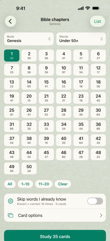 Bible chapters page for Genesis with chapter 1 selected and Words set to Under 50×, 35 cards