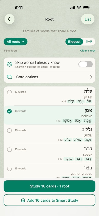 Root page sorted by biggest family, with the אמן believe family of 16 words selected