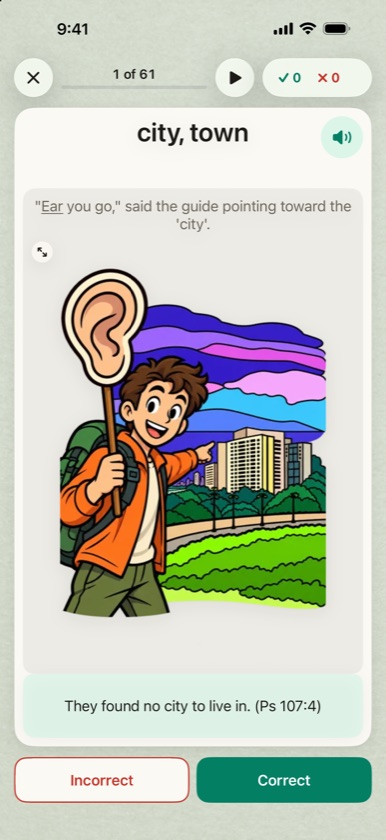Back of the card for עִיר, city, town, with the memory sentence and Incorrect and Correct buttons