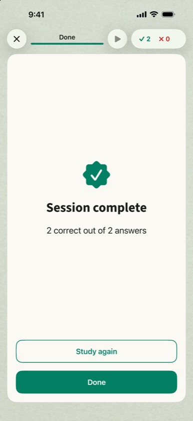 Session complete screen showing 2 correct out of 2 answers, with Study again and Done
