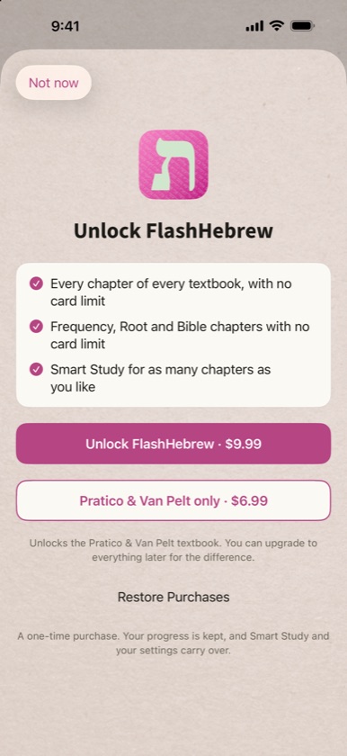 FlashHebrew LITE unlock screen with Unlock FlashHebrew, Pratico & Van Pelt only and Restore Purchases