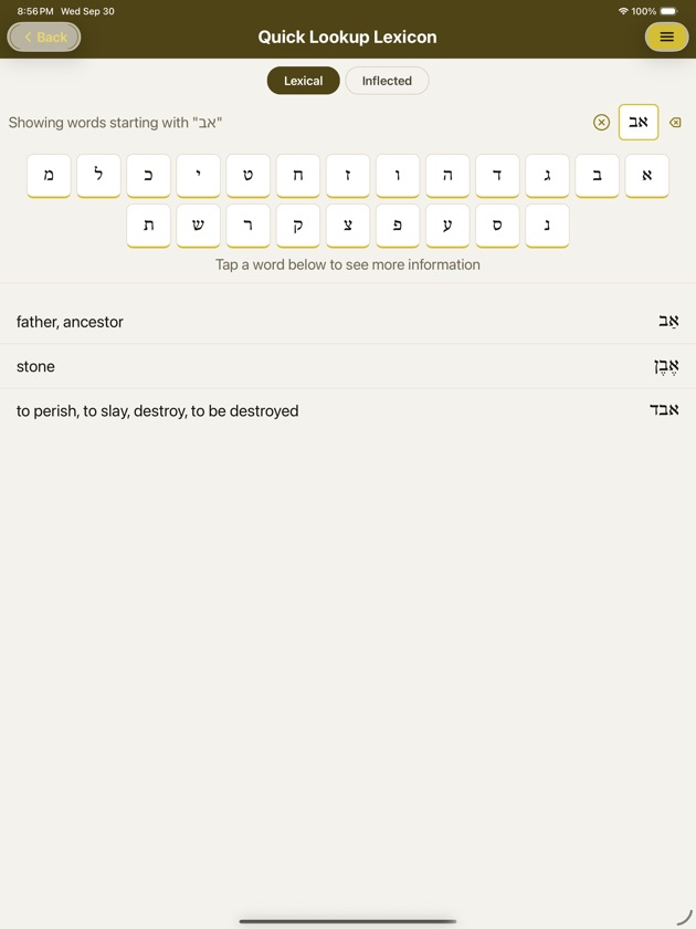 iAramaic quick lookup lexicon with the Aramaic keyboard and matching words