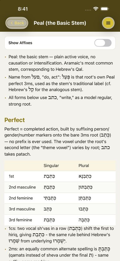 Grammar page on the Peal, with a table of perfect forms