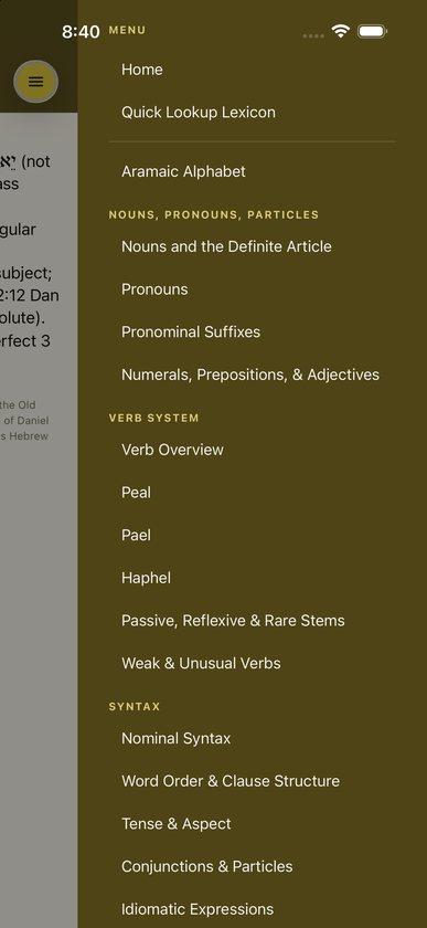 The iAramaic menu open, listing every page by section