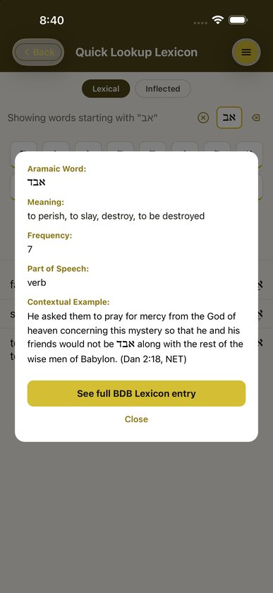 Word details for אבד: meaning, frequency, part of speech and an example from Daniel 2:18