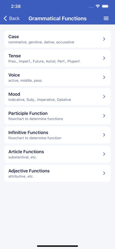 Grammatical Functions section: case, tense, voice, mood, participles, infinitives and more