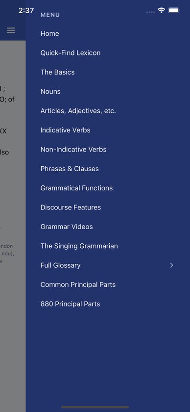 The iGreek menu open, listing every section