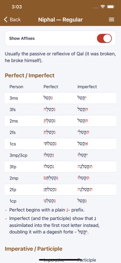 iHebrew Niphal regular paradigm with Show Affixes turned on and the affixes in red