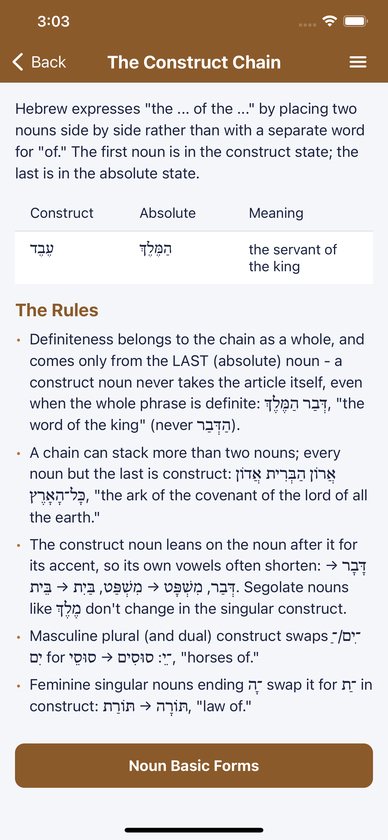 Grammar page on the construct chain, with an example table and rules