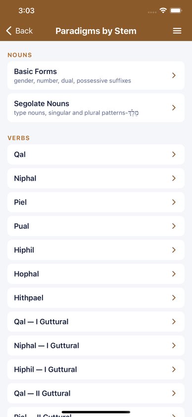 Paradigms by Stem list: nouns, then Qal, Niphal, Piel and the other stems with their weak roots