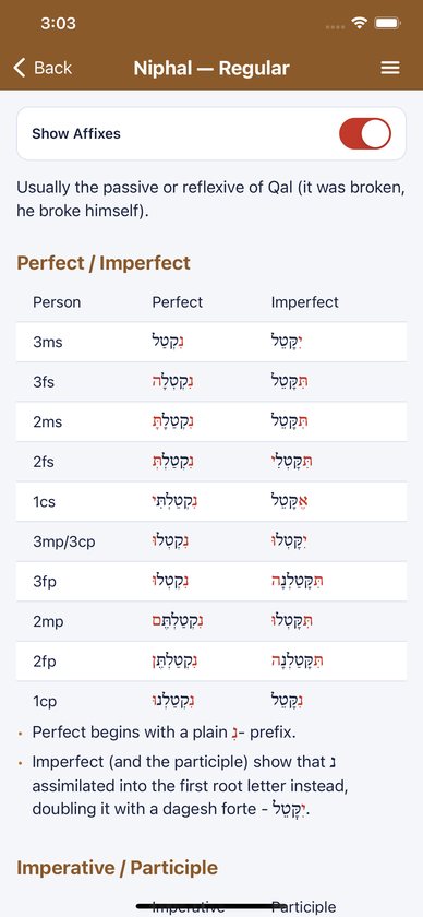 Niphal regular paradigm with Show Affixes on and the affixes in red