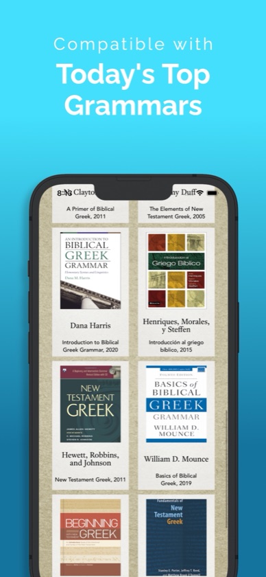 ParseGreek textbook list showing grammars by Harris, Henriques, Morales and Steffen, Hewett, and Mounce