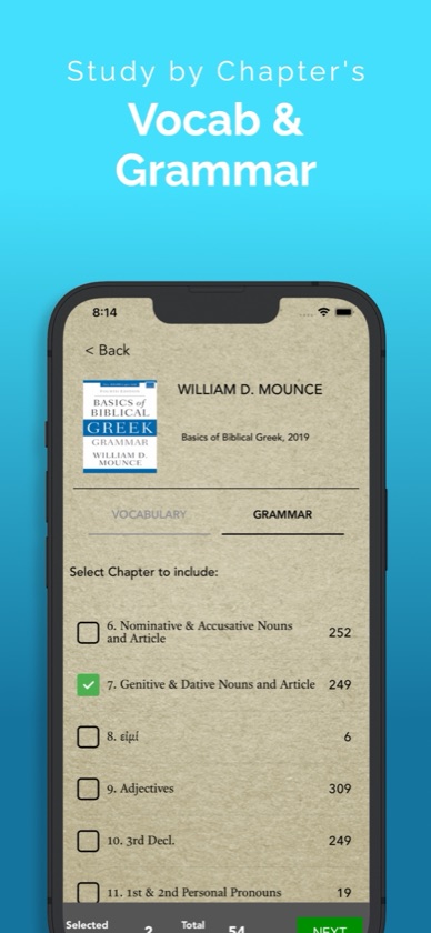 Grammar tab for Mounce's Basics of Biblical Greek, with chapter 7, genitive and dative nouns and the article, selected