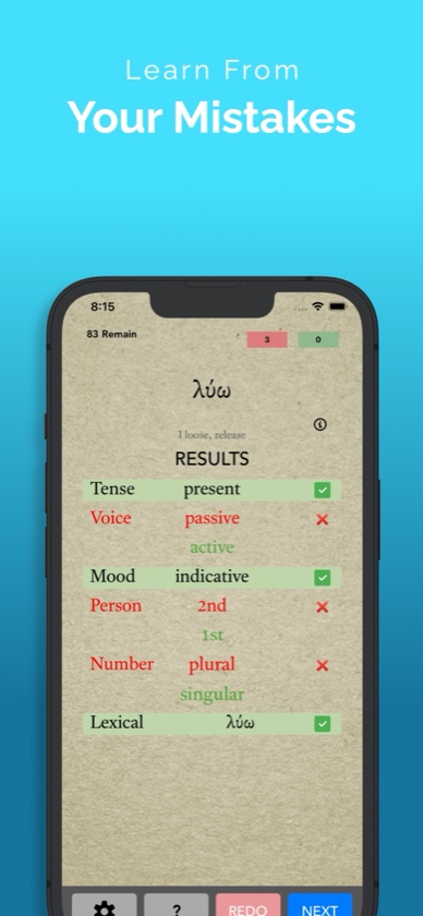 Results for λύω showing tense and mood correct, and voice, person and number marked wrong with the correct answers beneath