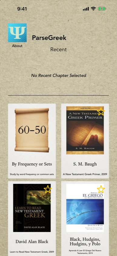 ParseGreek home screen as it first opens, with no recent quizzes yet and the By Frequency or Sets, Baugh, Black and Black, Hudgins, Hudgins y Polo tiles