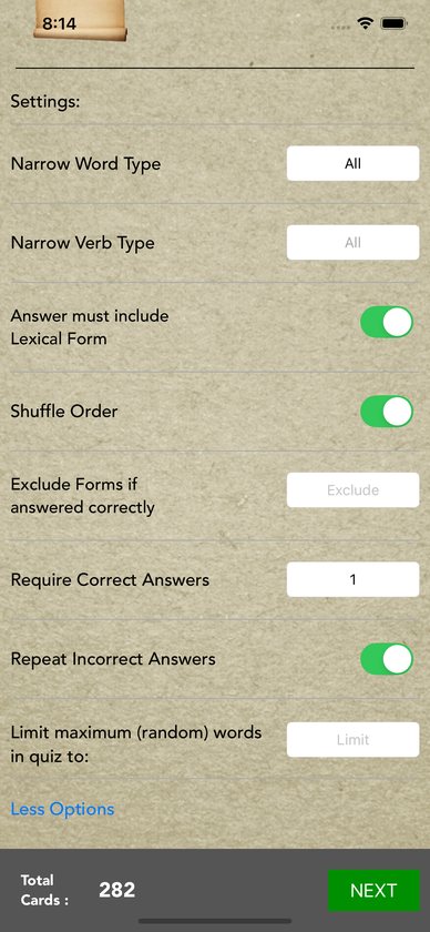 Quiz settings: word type, verb type, lexical form, shuffle, required correct answers and repeat incorrect answers