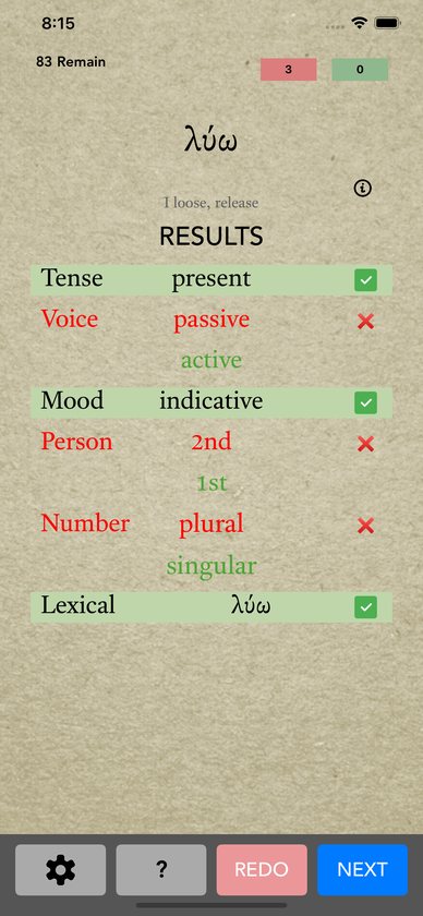 Results for λύω: tense, mood and lexical form correct, voice, person and number wrong with the right answers shown