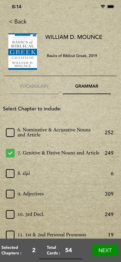 Grammar tab for Mounce with chapter 7, genitive and dative nouns and the article, selected