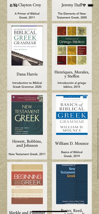 Textbook list showing grammars by Croy, Duff, Harris, Henriques, Hewett and Mounce