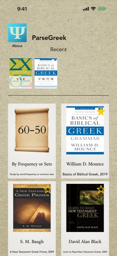 ParseGreek home screen with two Recent quizzes, Croy V: 5, 6 and Mounce V: 16, 17, 18, and the starred Mounce tile pinned beside By Frequency or Sets