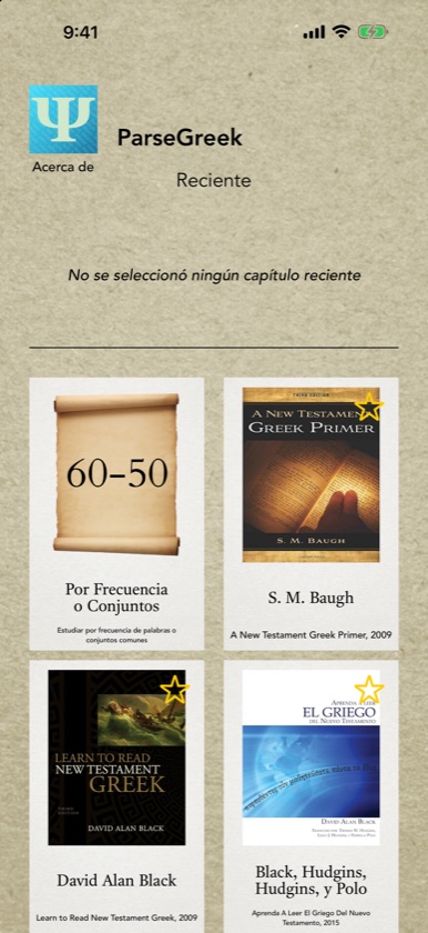ParseGreek home screen in Spanish, with Reciente and the Por Frecuencia o Conjuntos tile
