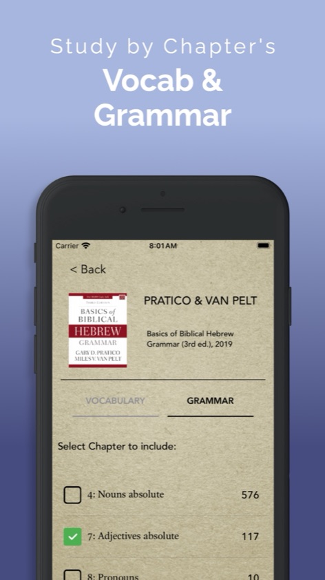 Grammar tab for Pratico and Van Pelt's Basics of Biblical Hebrew Grammar, with chapter 7, adjectives absolute, selected