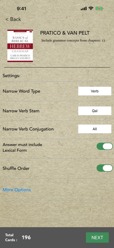 Quiz settings for Pratico and Van Pelt chapter 13, narrowed to Verb and Qal, with Lexical Form and Shuffle Order on