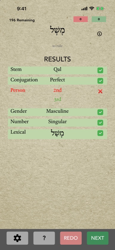 Results for מָשַׁל: person 2nd marked wrong with 3rd shown, and stem, conjugation, gender, number and lexical form correct