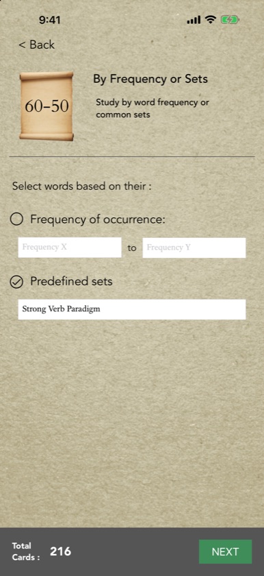 By Frequency or Sets with the Strong Verb Paradigm set chosen and 216 forms selected