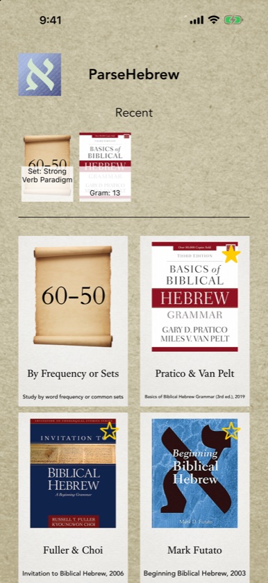 Home screen with two recent quizzes, Set: Strong Verb Paradigm and Gram: 13, and Pratico and Van Pelt starred at the top of the tiles