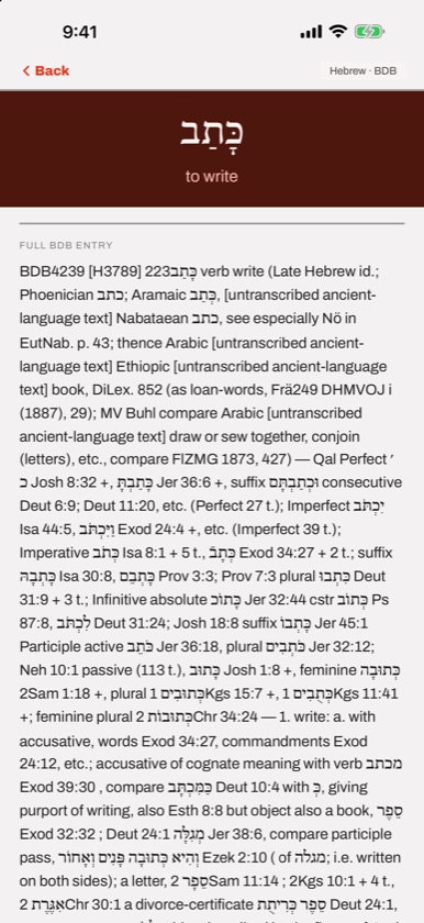 Full BDB entry for the Hebrew verb כָּתַב, to write